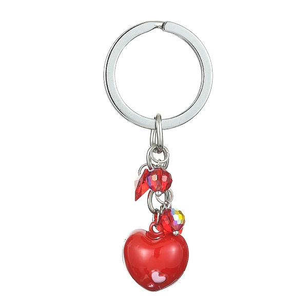

PandaHall Valentine's Day Baking Painted Brass Bell Heart Keychain, with Glass Pendants and Alloy Split Key Rings, Red, 8cm Brass Heart Red