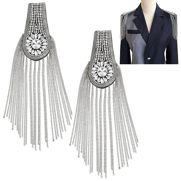 

PandaHall Fashion Iron Chain Tassel Epaulettes, Sew on Felt Cloth Shoulder Badge, with Plastic Finding, Platinum, 260x58x15mm Iron