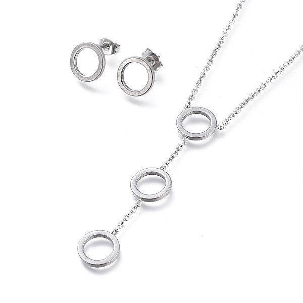 

PandaHall Round Ring 304 Stainless Steel Jewelry Sets, Cable Chains Pendant Necklaces and Stud Earrings, with Ear Nuts and Lobster Claw...