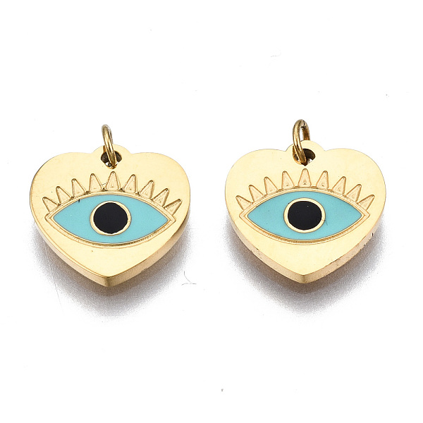 

PandaHall 316 Surgical Stainless Steel Enamel Charms, with Jump Rings, Real 14K Gold Plated, Heart with Evil Eye, Pale Turquoise, 9.5x10x1mm...
