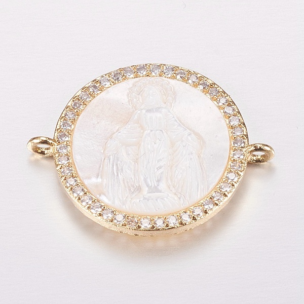 

PandaHall Brass Micro Pave Cubic Zirconia Links, Clear, with Shell, Flat Round with Virgin Mary, Golden, 18x23x4mm, Hole: 1mm Brass+Cubic...
