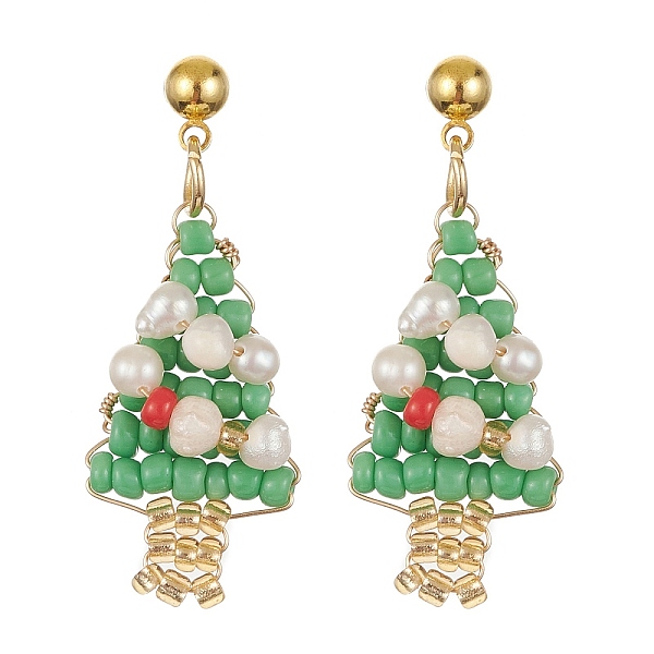 

PandaHall Glass Seed Beaded Christmas Tree Dangle Stud Earrings, Golden Brass Wire Wrap Jewelry, Sea Green, 33x13mm Seed Beads Christmas...
