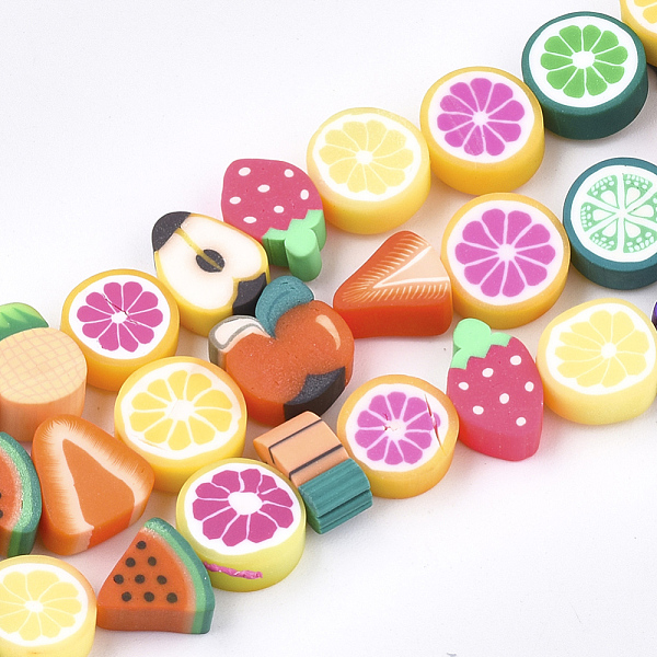 

PandaHall Handmade Polymer Clay Beads Strands, Fruit Theme, Mixed Shapes, Mixed Color, 7~11x8~12x3~7mm, Hole: 1~1.2mm, about 40pcs/strand..., Multicolor