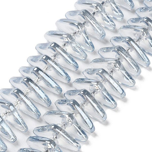 

PandaHall Electroplate Glass Beads Strands, Triangle, Light Blue, 9x15.5~16x2.8~3mm, Hole: 1mm, about 119~131pcs/strand, 24.21''~24.41''...
