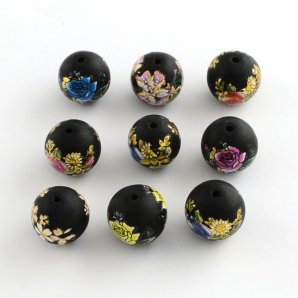 

PandaHall Flower Picture Brushwork Glass Round Beads, Mixed Color, 14x13mm, Hole: 1.5mm Glass Round Multicolor
