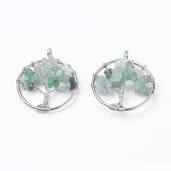 

PandaHall Natural Green Aventurine Pendants, with Brass Findings, Flat Round with Tree of Life, Platinum, 29x5~7mm, Hole: 4.5mm Green...