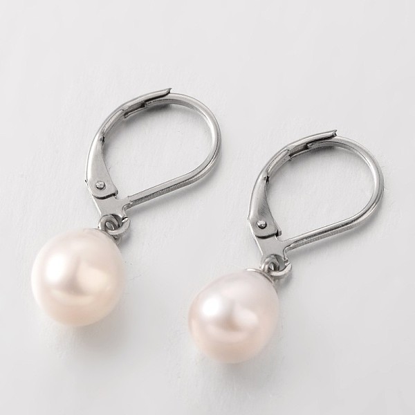 

PandaHall Teardrop Freshwater Pearl Leverback Dangle Earrings, with 304 Stainless Steel Leverback Hoop Earrings, Stainless Steel Color..., White