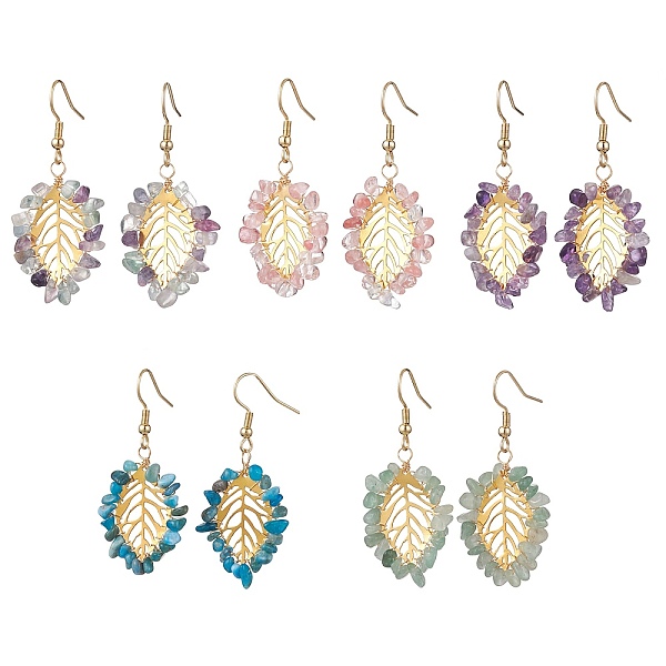 

PandaHall Natural & Synthetic Mixed Gemstone Chips Dangle Earrings, Iron Leaf Drop Earrings, Golden, 48x21mm Mixed Stone Leaf