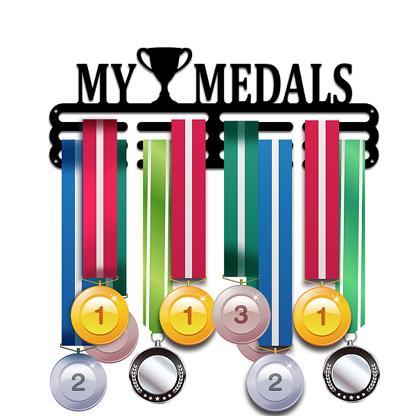 

PandaHall Fashion Iron Medal Hanger Holder Display Wall Rack, with Screws, Word My Medals, Trophy Pattern, 150x400mm Iron Trophy