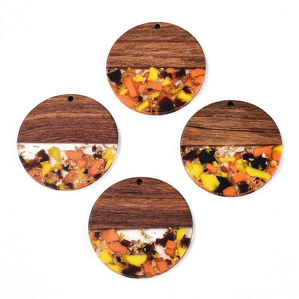 

PandaHall Transparent Resin & Walnut Wood Pendants, with Gold Foil, Flat Round Charms, Coral, 38.5x3mm, Hole: 2mm Resin+Wood Flat Round Red