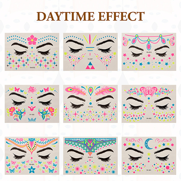 

PandaHall 9 Sheets 9 Style Creative Fluorescent Face Tattoo Paper Stickers, Body Stickers Glow UV Neon Temporary Tattoos for Women Festival...