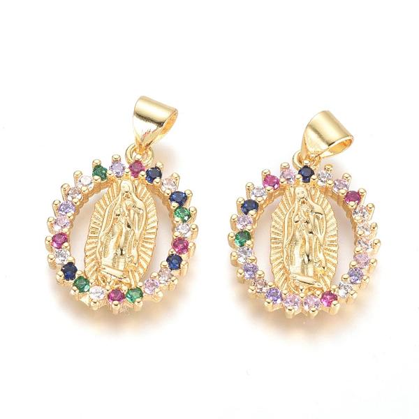 

PandaHall Brass Micro Pave Cubic Zirconia Pendants, Lady of Guadalupe Charms, Long-Lasting Plated, Oval with Virgin Mary, Golden, Colorful...