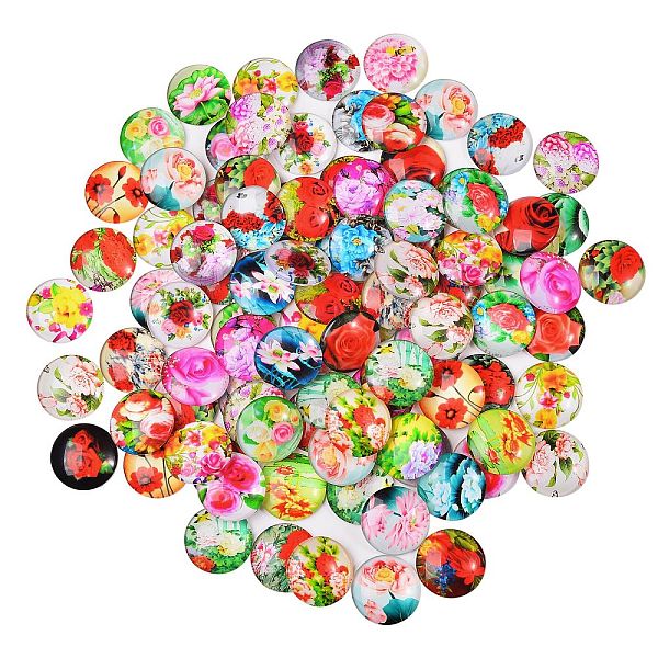 

PandaHall Flower Printed Glass Cabochons, Half Round/Dome, Mixed Color, 25x7mm, 100pcs/box Glass Flower Multicolor