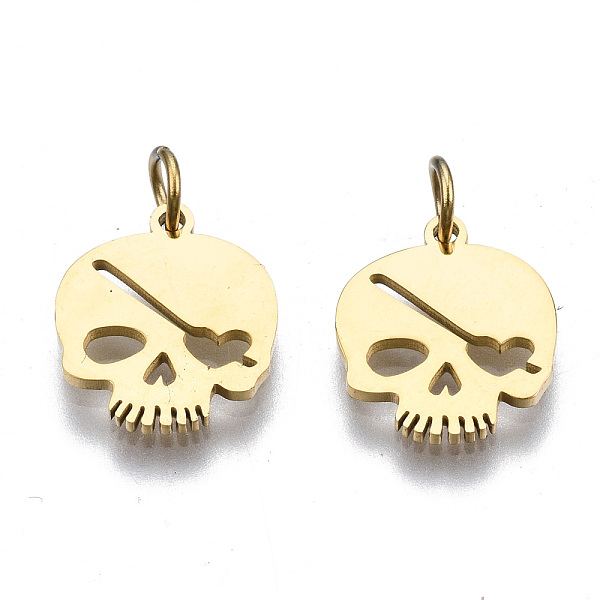

PandaHall 304 Stainless Steel Charms, with Jump Rings, Laser Cut, Skull, for Halloween, Real 14K Gold Plated, 11x9.5x1mm, Jump Ring...