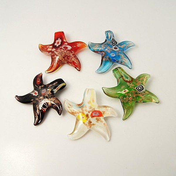 

PandaHall Handmade Lampwork Pendants, with Gold Sand and Millefiori, Starfish/Sea Stars, Mixed Color, 53x51x11mm, Hole: 6.5x5mm Lampwork..., Multicolor