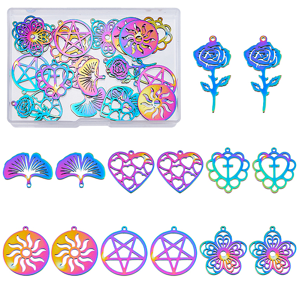 PandaHall SUPERFINDINGS 28Pcs 7 Styles Rainbow Color Carved Flower Charms 304 Stainless Steel Filigree Pendants Etched Metal Embellishments...