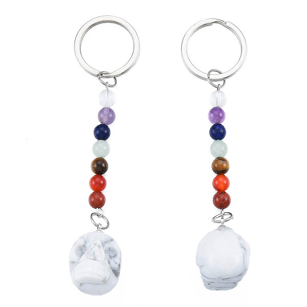 

PandaHall Natural Howlite Skull Pendant Keychain, Rainbow 7 Chakra Gemstone Beaded Yoga Keychain, for Women's Girls Healing Meditation...