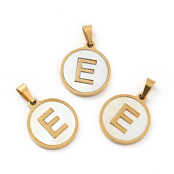 

PandaHall Vacuum Plating 304 Stainless Steel with White Shell Pendants, Golden, Flat Round with Letter Charm, Letter.E, 18x16x1.5mm, Hole...