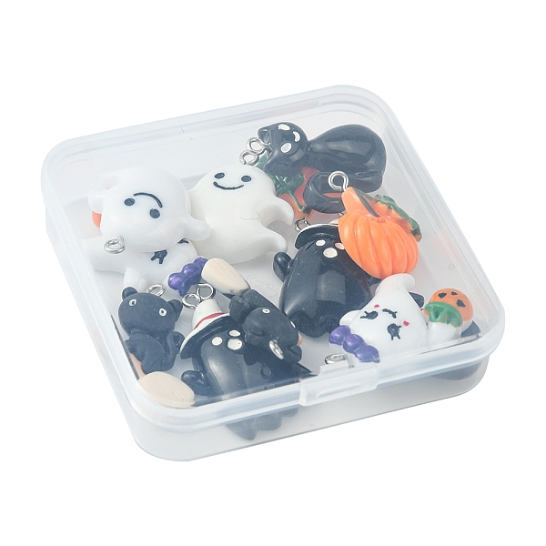 

PandaHall 12Pcs 6 Styles Halloween Opaque Resin Pendants, Halloween Charm, with Platinum Tone Iron Loops, Cat & Ghost with Hat & Pumpkin &..., Multicolor