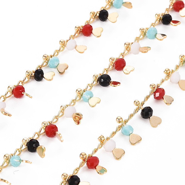 

PandaHall Handmade Brass Curb Chains, with Glass Beads, Soldered, Spool, Heart Charms, Real 18K Gold Plated, Colorful, 2.5x1.5x0.3mm, about...