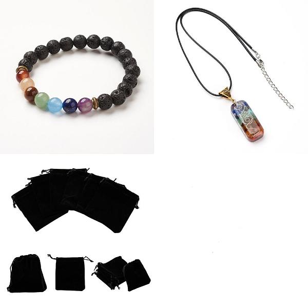 PandaHall Energy Yoga Chakra Jewelry Set for Girl Women, Natural Lava Rock Stretch Bracelet and Rectangle Natural Gemstone Inside Resin...