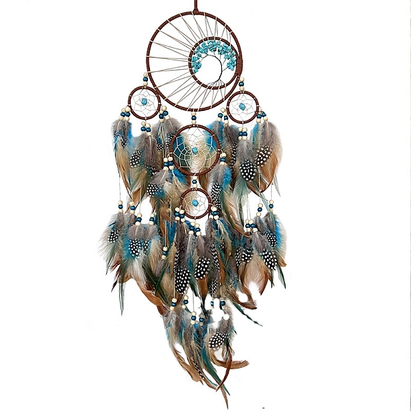 

PandaHall Woven Net/Web with Feather Art Wall Hanging Pendant Decorations, with Wood Beads, Synthetic Turquoise, Colorful, 800x150mm Feather