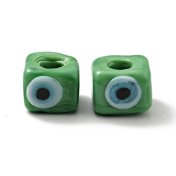 

PandaHall Handmade Evil Eye Lampwork European Beads, Large Hole Beads, Cube, Dark Sea Green, 8~9x9~10x9~10mm, Hole: 4.3mm Lampwork Cube