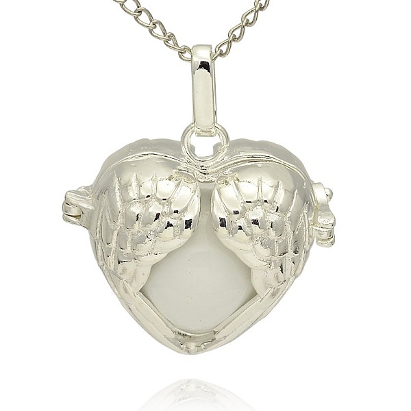 PandaHall Silver Color Plated Brass Hollow Heart Cage Pendants, with No Hole Spray Painted Brass Ball Beads, WhiteSmoke, 28x30x16mm, Hole...