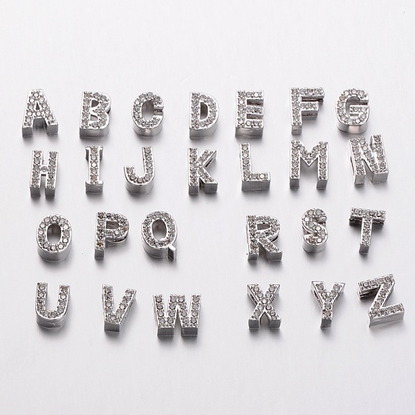 

PandaHall Platinum Plated Brass Micro Pave Cubic Zirconia Letter Slide Charms, Random Mixed Letters, 8~11x4~10x4~4.5mm, Hole: 4.5x1.5mm..., Clear