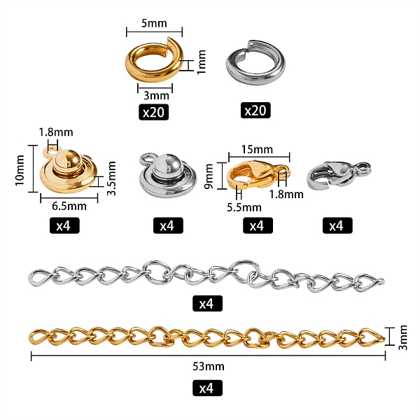 

PandaHall DIY 304 Stainless Steel Chain Extender Making Kits, Including Snap Clasps, Lobster Claw Clasps, Chain Extender and Jump Rings...