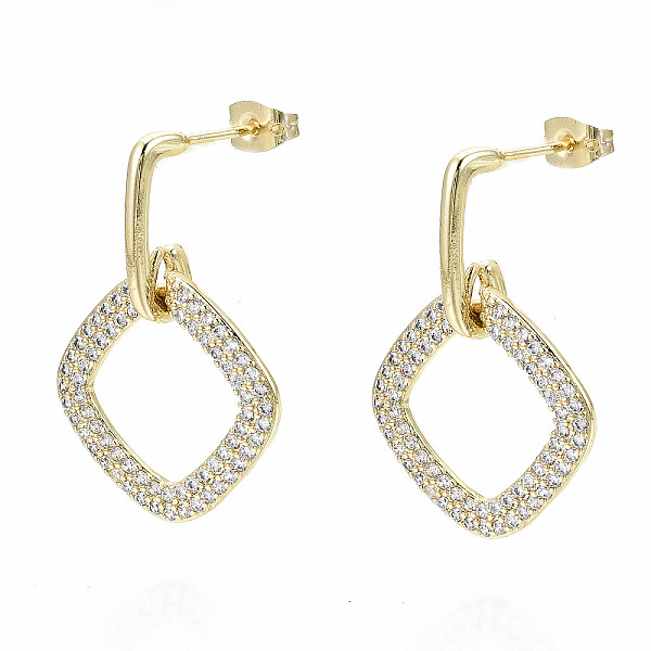 

PandaHall Brass Micro Pave Cubic Zirconia Dangle Stud Earrings, with Earring Backs, Nickel Free, Rhombus, Real 16K Gold Plated, Clear, 32mm...