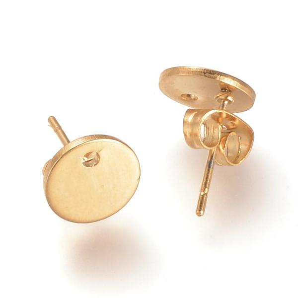 

PandaHall 304 Stainless Steel Stud Earring Findings, with Flat Plate and Ear Nuts, Flat Round, Real 18k Gold Plated, 8mm, Hole: 1.5mm, pin...