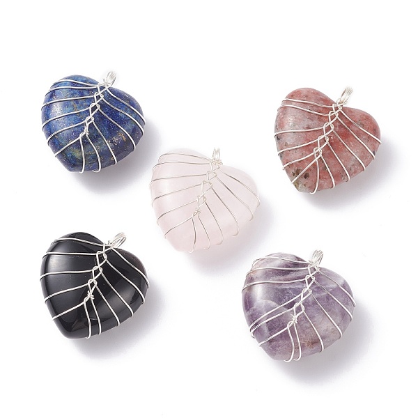 

PandaHall Natural Gemstone Pendants, with Silver Tone Copper Wire Wrapped, Heart, 34x30x18mm, Hole: 6mm Mixed Stone Heart