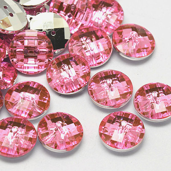 PandaHall Taiwan Acrylic Rhinestone Buttons, Faceted, 2-Hole, Disc, Pink, 10x4mm, Hole: 1mm Acrylic Rhinestone Disc Pink