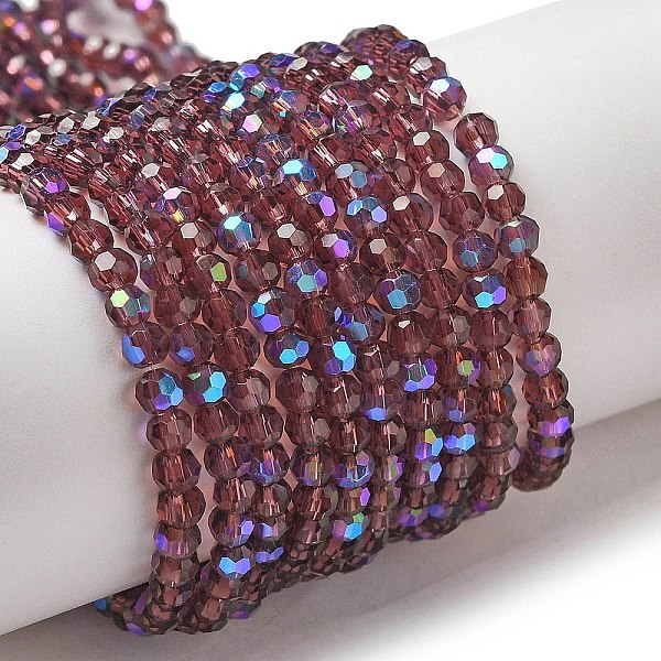 

PandaHall Electroplate Transparent Glass Beads Strands, Faceted, Round, Rainbow Plated, Old Rose, 3mm, Hole: 0.8mm, about 164~166pcs/strand...