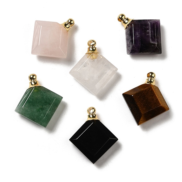 PandaHall Natural Mixed Gemstone Perfume Bottle Pendants, Faceted Rhombus Charms with Golden Tone 304 Stainless Steel Findings...