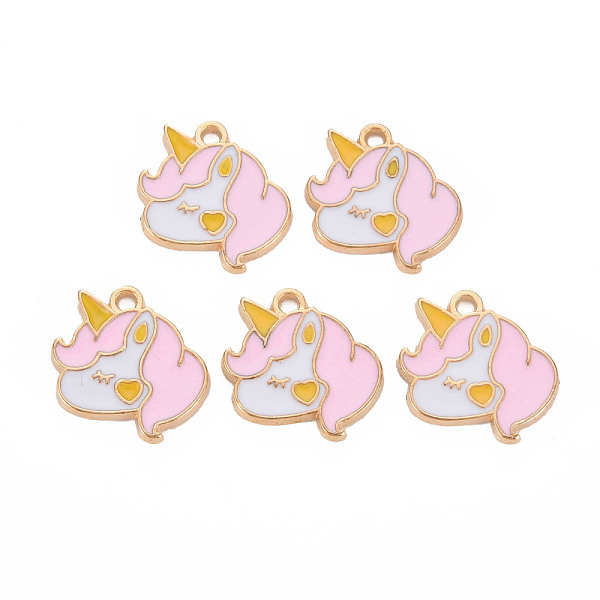 

PandaHall Alloy Enamel Pendants, Cadmium Free & Lead Free, Light Gold, Unicorn, Pink, 16.5x15x1.5mm, Hole: 1.5mm Alloy+Enamel Unicorn Pink