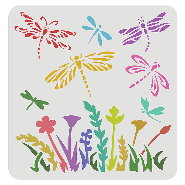 PandaHall FINGERINSPIRE Dragonfly Flower Stencil 30x30cm Flying Dragonfly Painting Stencil Plant Wildflower Drawing Stencil, Reusable Art...
