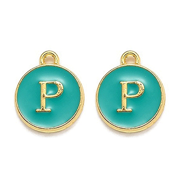 

PandaHall Golden Plated Alloy Enamel Charms, Enamelled Sequins, Flat Round with Alphabet, Letter.P, Green, 14x12x2mm, Hole: 1.5mm...