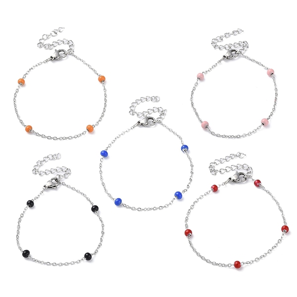 304 Stainless Steel Cable Chain Bracelet with Enamel Rondelle Beaded