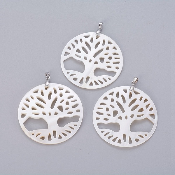 

PandaHall Natural White Shell Mother of Pearl Shell Pendants, with Brass Findings, Flat Round with Tree of Life, Platinum, 45~45.5x2~4.5mm...