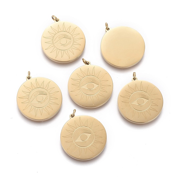 

PandaHall Ion Plating(IP) 304 Stainless Steel Pendants, with Jump Ring, Flat Round with Sun, Golden, 22x20x2mm, Hole: 1.8mm 304 Stainless...
