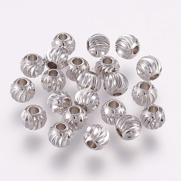 

PandaHall Brass Beads, Round with Corrugated, Platinum, 8x7mm, Hole: 2mm Brass Round