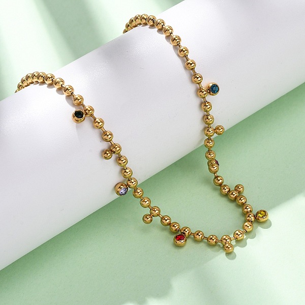 304 Stainless Steel Ball Chain Colorful Cubic Zirconia Flat Round Tassel Necklaces for Women