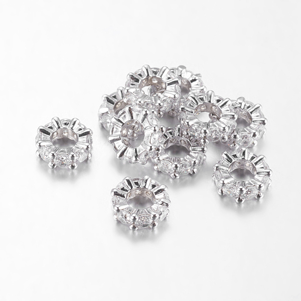 

PandaHall Brass Cubic Zirconia European Beads, Rondelle, Platinum, 8x3mm, Hole: 4mm Brass+Cubic Zirconia Rondelle