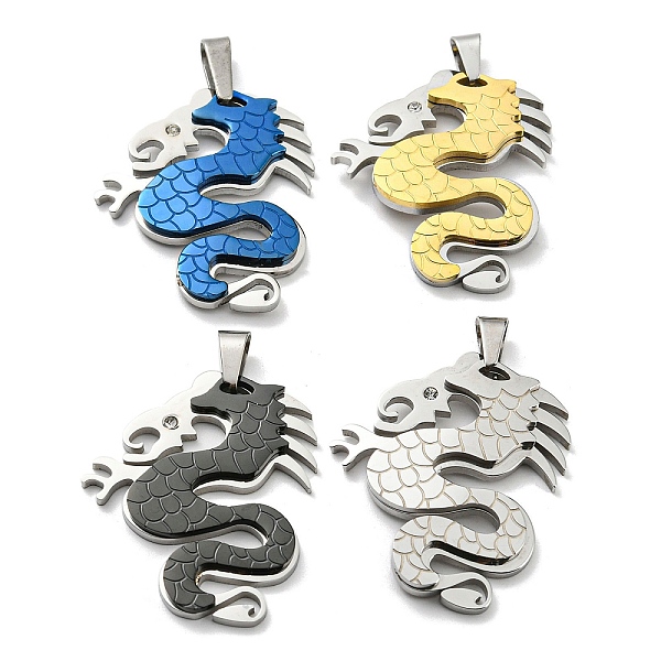 

PandaHall Ion Plating(IP) 304 Stainless Steel Pendants, with Rhinestone, Dragon, Mixed Color, 42x34x4mm, Hole: 12.5x4mm 304 Stainless Steel...