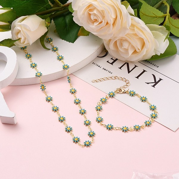 

PandaHall Daisy Link Chain Necklaces & Bracelets Jewelry Sets, with Brass Enamel Links, Curb Extension Chain & Lobster Claw Clasps, Golden...