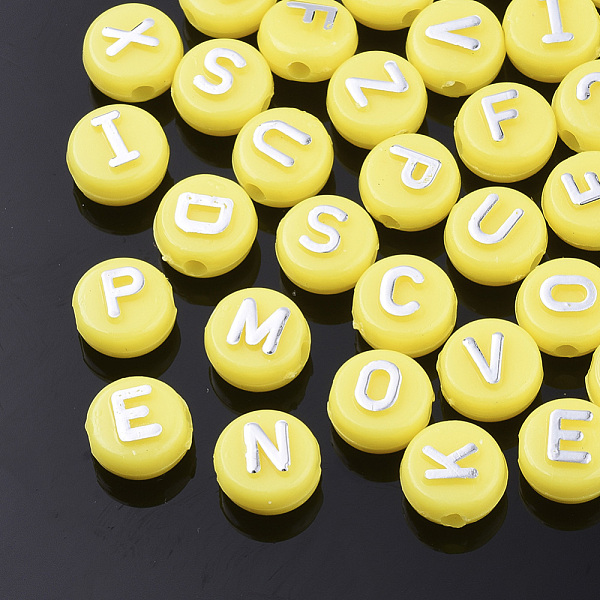 

PandaHall Plating Opaque Acrylic Beads, Metal Enlaced, Horizontal Hole, Flat Round with Letter, Yellow, 10x6mm, Hole: 1.8mm, about...