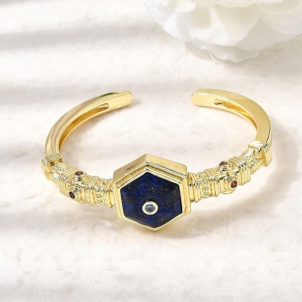 Bracciale rigido aperto esagonale da donna in ottone con pavé di lapislazzuli naturali e zirconi cubici