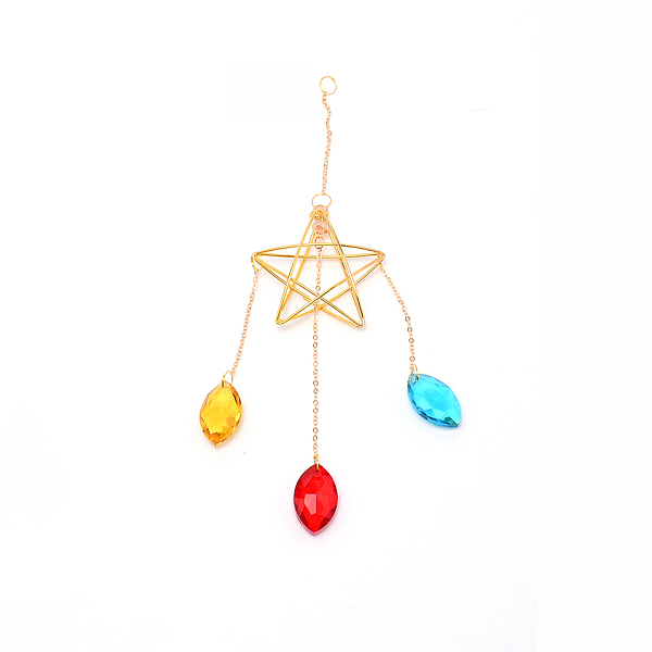 

PandaHall Colorful Glass Hanging Crystal Pendant Ornament, with Star Iron Finding, for Window Home Decoration, Golden, 300mm Glass Star